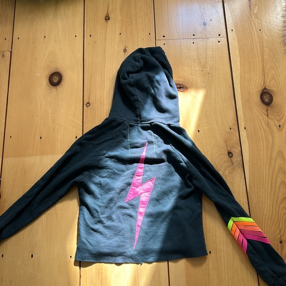 Aviator Nation Bolt Stitch Chevron 5 Split Neck Raglan Pullover Crop Hoodie Neon - Picture 2 of 3